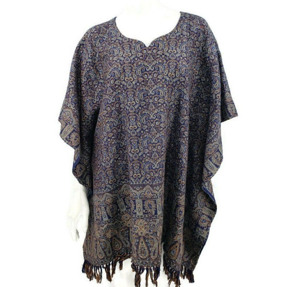 Vintage Tapestry Poncho Size 44 Navy Blue Paisley Fringe Sleeves